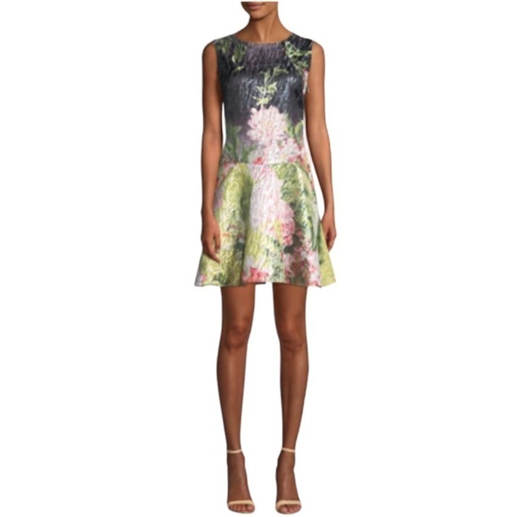 NATORI Birds Of Paradise Jacquard Shimmer Metallic Drop Waist Dress Size 10 NEW - Picture 1 of 12